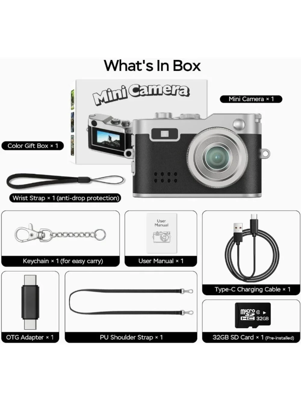 Mini 1080P HD Digital Keychain Camera with 32GB Card & OTG Adapter - Compact
